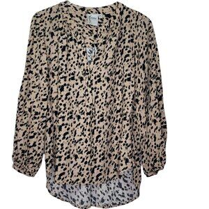 Finley Blouse Size XS Black Tan Popover Leopard Animal Long Sleeve Split Neck
